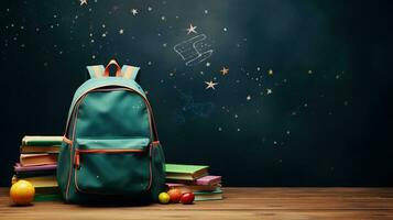 AI generated Chalkboard Background with School Backpack and Books, Copy Space photo