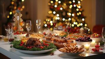 AI generated Christmas Dinner Table Full of Dishes with Food and Snacks, Christmas Event photo