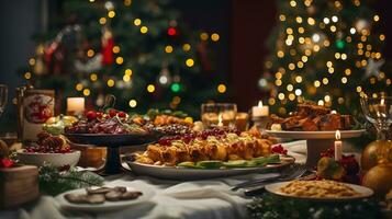 ai generado Navidad cena mesa lleno de platos con comida y aperitivos, Navidad evento foto