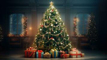 ai generado enorme Navidad árbol con regalos y brillante luces foto