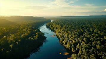 AI generated Beautiful Green Forest Landscape with Golden Hour Time photo