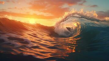 AI generated Foamy Waves Rolling Up in Ocean with Golden Hour Time photo