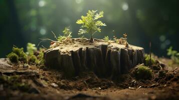 ai generado un joven árbol emergente desde antiguo árbol tocón foto