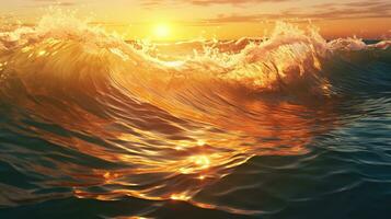ai generado espumoso olas laminación arriba en Oceano con dorado hora hora foto