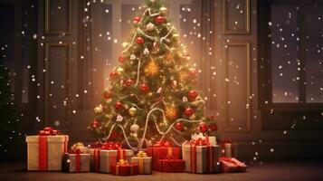 ai generado enorme Navidad árbol con regalos y brillante luces foto