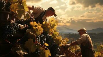 AI generated Workers Harvesting Grapes, Ready to Craft the Essence of Delicious Wine photo