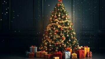 AI generated Huge Christmas Tree with Gifts and Bright Lights photo