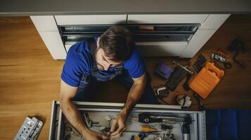 AI generated Capturing the Expertise of a Repairman Fixing a Dishwasher, Seen from a High Angle photo