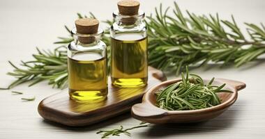 AI generated The Synergy of Natural Rosemary Essential Oil with the Freshness of Herbal Twigs photo