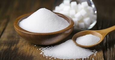 AI generated The Rustic Charm of Sugar Grains Scattered on a Wooden Table photo