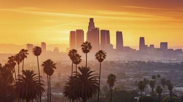 AI generated The Soft Sunset Light Casting Over Downtown, Complemented by Silhouetted Palm Trees photo