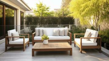 ai generado moderno patio perfección - un fusión de innovador diseño y pulcro mueble para al aire libre elegancia foto
