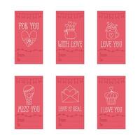 Valentines Day printable gift tags template in doodle style, vertical format, hand-drawn love theme icons and quotes. Romantic mood, cute symbols and elements collection. vector