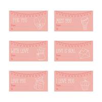 Valentines Day printable gift tags template in doodle style, horizontal format, hand-drawn love theme icons and quotes. Romantic mood, cute symbols and elements collection. vector