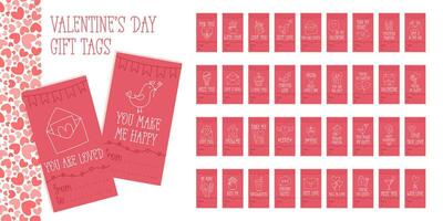 Valentines Day printable gift tags template in doodle style, hand-drawn love theme icons and quotes. Romantic mood, cute symbols and elements collection. vector