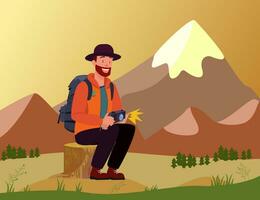 viajero en sombrero y mochila sentado en muñón, con cámara, montañas y sencillo paisaje en antecedentes. masculino fotógrafo con satisfecho rostro. vector ilustración para pancartas o tarjetas