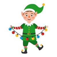 Christmas elf with garland in hands. Vector illustration.