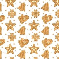 Gingerbread cookies with icing on a white background Christmas seamless pattern. Vector illustration