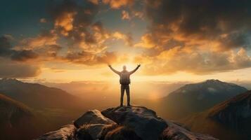 AI generated Happy Man on the Peak of Mountain with Sunrise photo