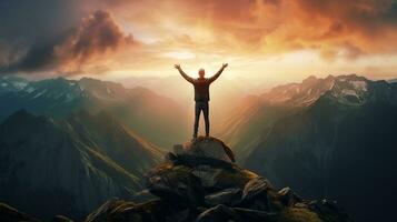 AI generated Happy Man on the Peak of Mountain with Sunrise photo