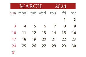 marzo 2024 calendario mensual planificador comienzo domingo modelo vector. vector