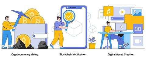 Cryptocurrency mining, blockchain verification, digital asset creation concept with character. Crypto mining abstract vector illustration set. Blockchain validation, mining operations metaphor