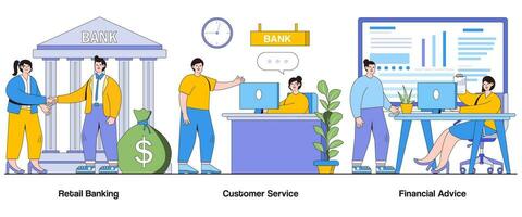 Retail banking, customer service, financial advice concept with character. Banking services abstract vector illustration set. Personal finance, customer support, financial guidance metaphor