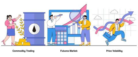 Commodity trading, futures market, price volatility concept with character. Commodities market abstract vector illustration set. Price speculation, market volatility, trading strategy metaphor