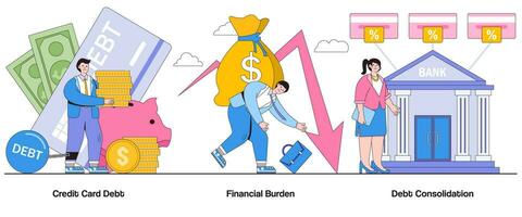 crédito tarjeta deuda, financiero carga, deuda consolidación concepto con personaje. deuda alivio resumen vector ilustración colocar. deuda gestión, financiero libertad, deuda eliminación metáfora