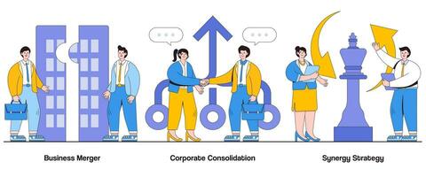 Business merger, corporate consolidation, synergy strategy concept with character. Merger synergy abstract vector illustration set. Corporate integration, synergistic approach metaphor