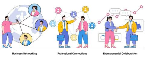 Business networking, professional connections, entrepreneurial collaboration concept with character. Networking events vector illustration set. Building relationships, professional connections