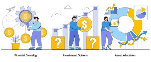 Financial diversity, investment options, asset allocation concept with character. Asset diversification abstract vector illustration set. Investment choices, risk management, financial variety