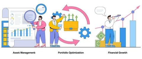 activo gestión, portafolio mejoramiento, financiero crecimiento concepto con personaje. inversión portafolio resumen vector ilustración colocar. portafolio gestión, riqueza crecimiento, financiero estrategia