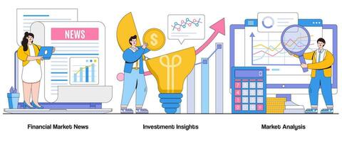 Financial market news, investment insights, market analysis concept with character. Investment research abstract vector illustration set. Market updates, informed decision making metaphor