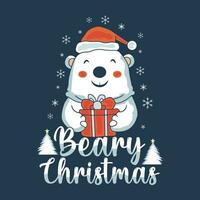 beary christmas with bear holding a gift box t shirt design vector