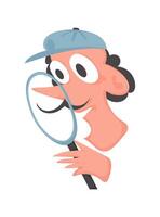 Detective with mustache and hat looking through a magnifying glass vector