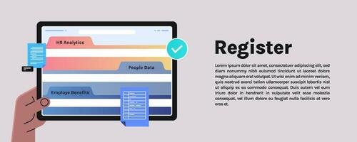 archivo Registrarse carpetas y empleado beneficios humano recursos analítica personas datos documentos horizontal tarjetas plano vector ilustración.