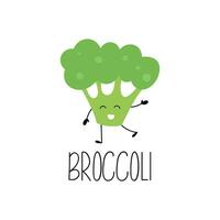 Hand drawn smiling broccoli character with arms and legs. Hand drawn name of vegetable. Learn cards for kids. Vector illustration