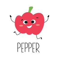 Cute funny red pepper character. Learn vegetable card with name. Vector illustration