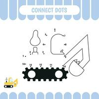 Dot to dot game for kids. Join and color excavator. Activity worksheet for preschool children. Vector illustration