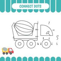 Educational game for preschool kids. Connect dots. Join the line and color concrete mixer truck. Vector illustration