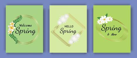 Stylish spring posters with golden geometric shapes, flowers and lettering. Spring content. Vector illustration.