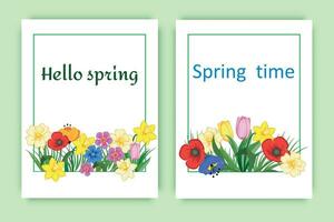 A set of cards on a spring theme with bright bouquets of flowers in a white frame. Vector illustrations or design templates for covers, illustrations, invitations.