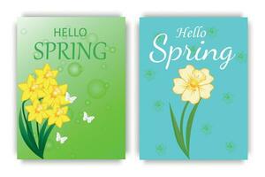 A set of posters on a spring theme with bright daffodils and butterflies. Vector illustrations or design templates for covers, illustrations, invitations.