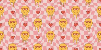 Groovy seamless pattern Valentines Day. Retro hippie psychedelic style vector wallpaper in 60s, 70s. Psychedelic chessboard