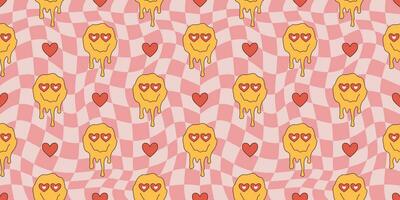 Groovy seamless pattern Valentines Day. Retro hippie psychedelic style vector wallpaper in 60s, 70s. Psychedelic chessboard