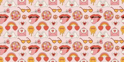 Groovy seamless pattern Valentines Day. Retro hippie psychedelic style vector wallpaper in 60s, 70s. Vector cartoon background
