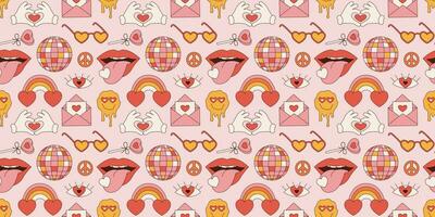 Groovy seamless pattern Valentines Day. Retro hippie psychedelic style vector wallpaper in 60s, 70s. Vector cartoon background