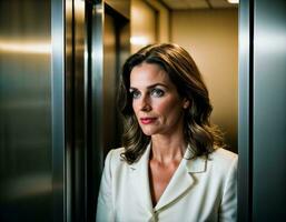 AI generated photo of middle aged woman as a office working woman standing near elevator, generative AI