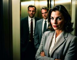 AI generated photo of middle aged woman as a office working woman standing near elevator, generative AI